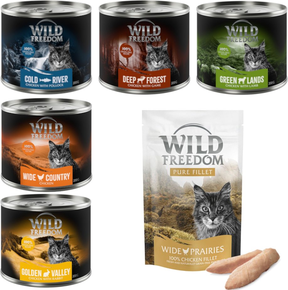 Wild Freedom Kombi-Paket: Adult Nassfutter + Filet Snacks - 24 x 200 g Mixpaket 1 (Huhn, Seelachs, Lamm, Kaninchen, Wild...