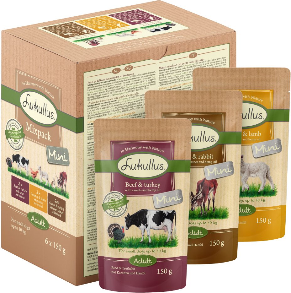 Sparpaket Lukullus Mini Frischebeutel 24 x 150 g - Mix: Rind & Truthahn / Wild & Kaninchen / Geflügel & Lamm