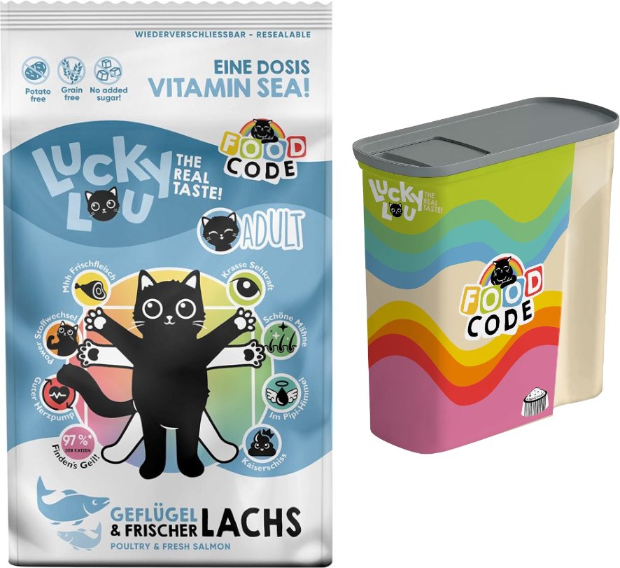 2 x 1,7 kg Lucky Lou Trockenfutter + Trockenfutterbehälter gratis! - Adult Geflügel & Lachs