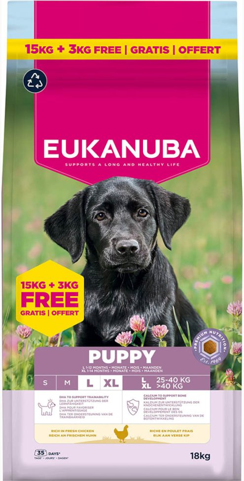 3 kg gratis! 18 kg Eukanuba Premium Nutrition mit Huhn - Puppy Large & Giant Breed