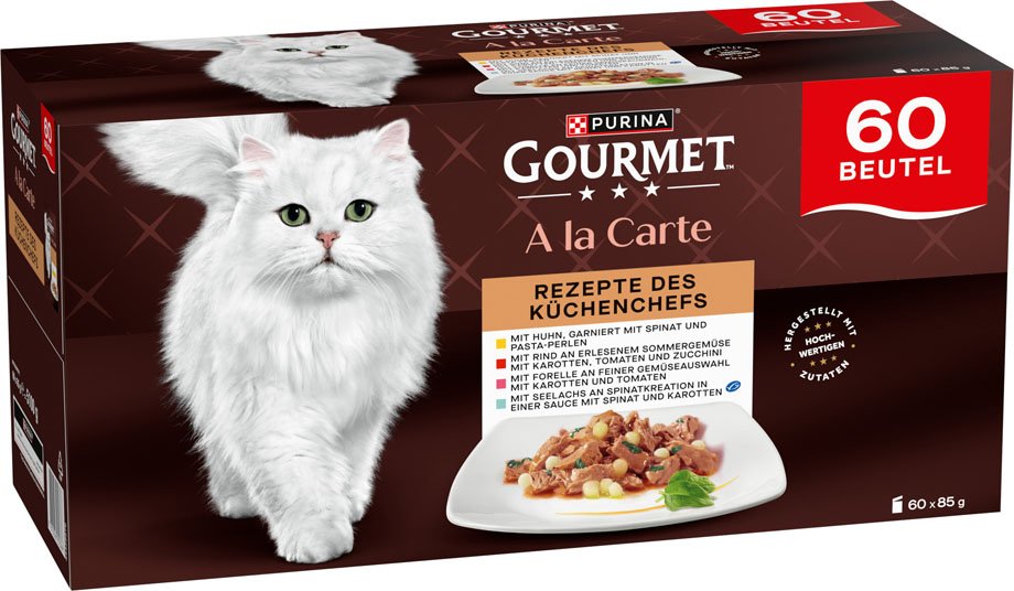 Megapack Purina GOURMET A la Carte 60 x 85 g - Rezepte des Küchenchefs: Huhn, Rind, Forelle, Seelachs