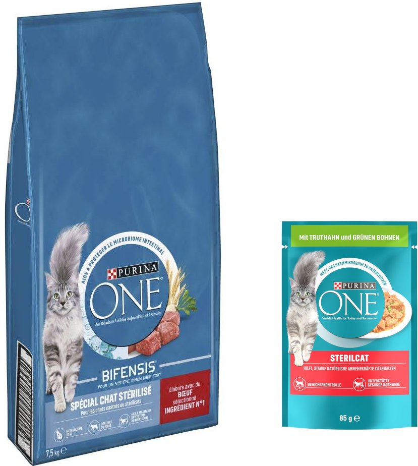 7,5 kg Purina ONE Sterilized + 26 x 85 g SterilCat Truthahn & grüne Bohnen Nassfutter gratis! - Rind