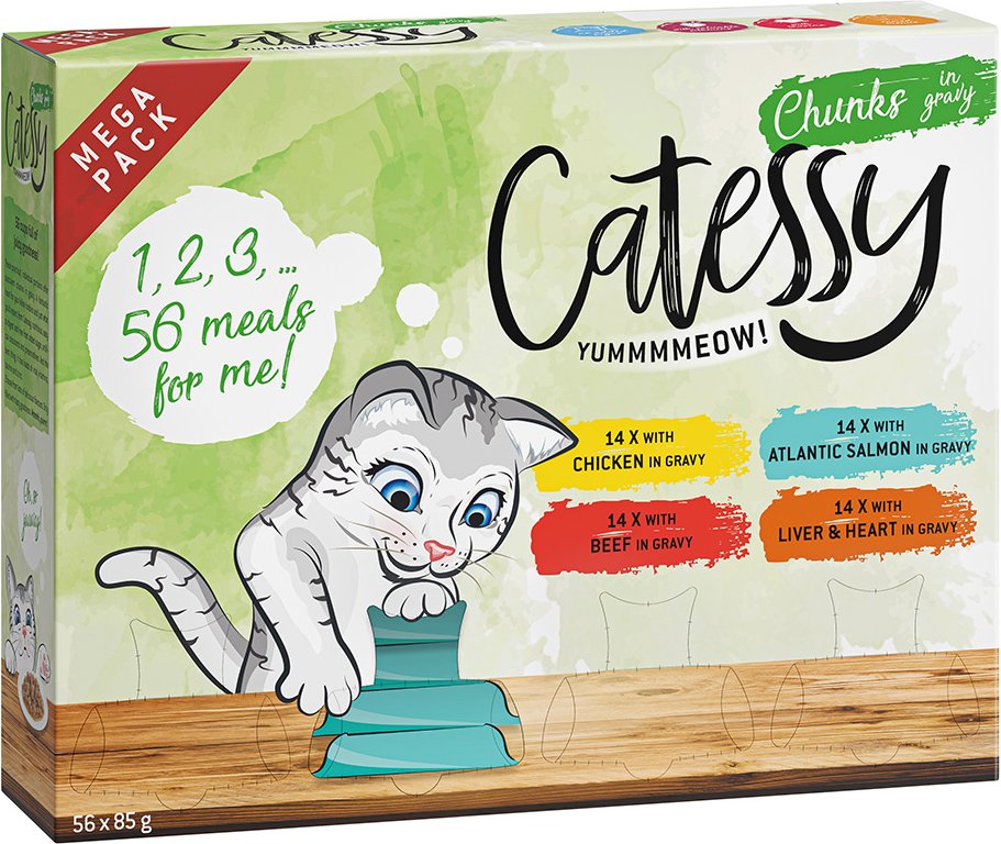 Sparpaket Catessy Häppchen in Sauce Schälchen 56 x 85 g - Mega Mix mit 4 Sorten (Huhn, Seelachs, Rind, Huhn & Herz)