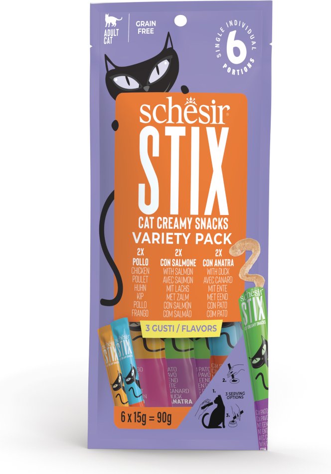 Schesir Stix Creamy Snacks 90 g - Sparpaket: 2 x 90 g Huhn, 2 x 90 g Lachs, 2 x 90 g Ente