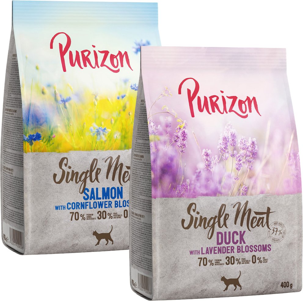 Thumbnail - Probiermix Purizon 2 x 400 g - Single Meat Mix Ente mit Lavenderblüten + Lachs mit Kornblumenblüten