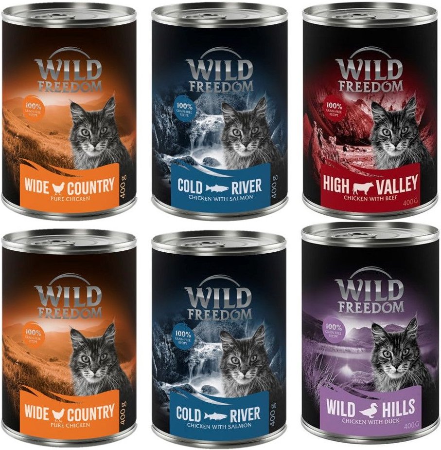 Gemischtes Probierpaket: Wild Freedom Adult - 6 x 400 g: 2x Huhn, 2x Seelachs, Rind, Ente
