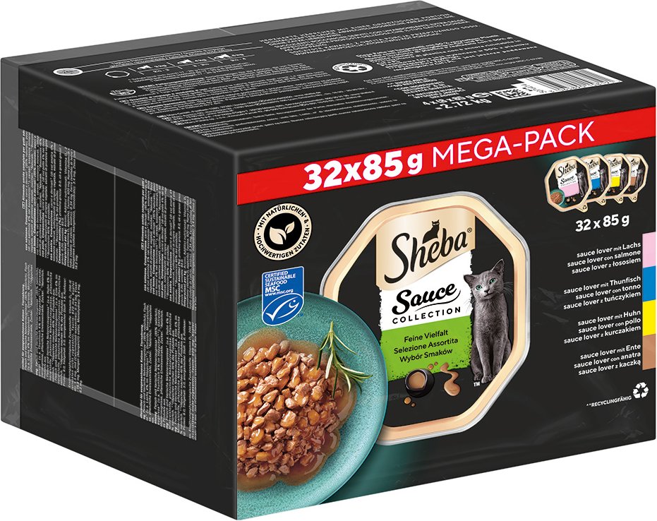 Multipack Sheba Varietäten Schälchen 32 x 85 g - Sauce Lover (Lachs, Thunfisch, Huhn, Ente)