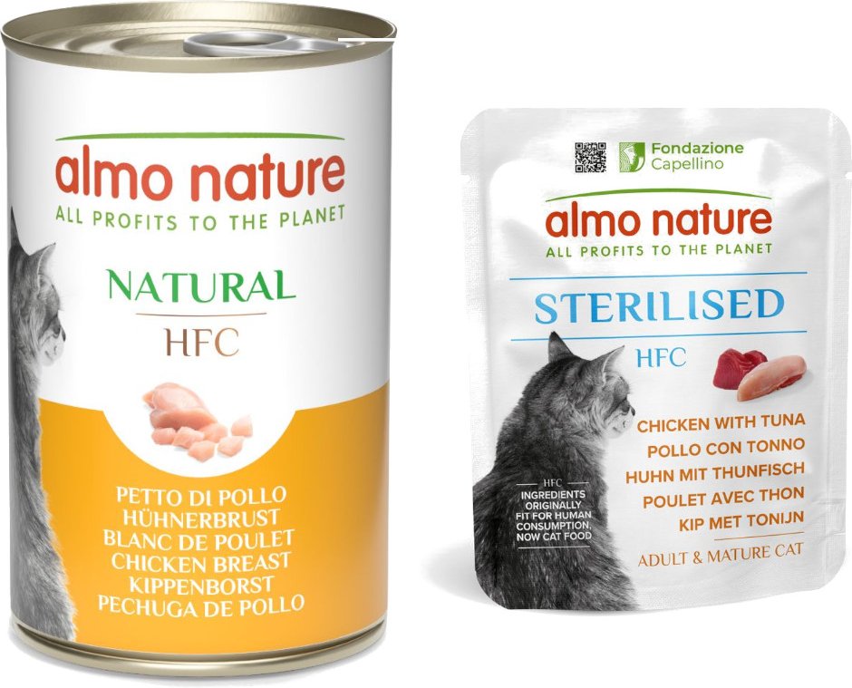 Thumbnail - 6 x 140 g Almo Nature HFC Dose + 6 x 50 g Beutel zum Sonderpreis! - 6 x 140 g Natural Hühnerbrust + 6 x 50 g Sterilised ...