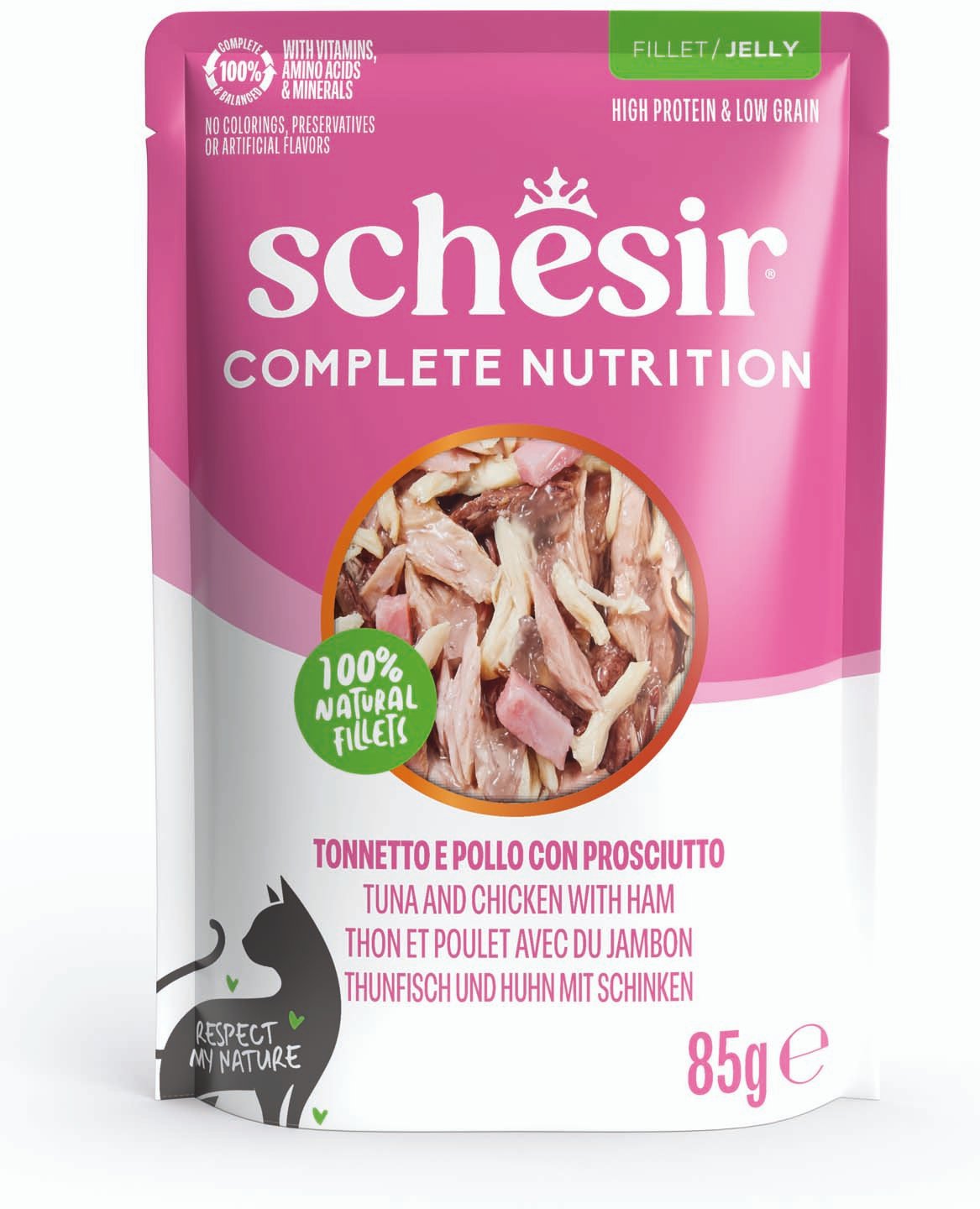 Sparpaket Schesir Complete Nutrition Filet in Gelee 24 x 85 g - Thunfisch und Huhn mit Schinken