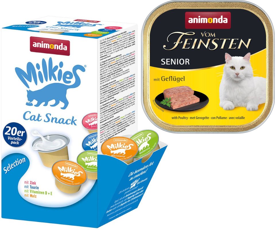 animonda Kombi-Paket: 12 x 100 g Vom Feinsten + 20 x 15 g Milkies Selection - Senior Geflügel + Milkies Snack (4 Sorten)