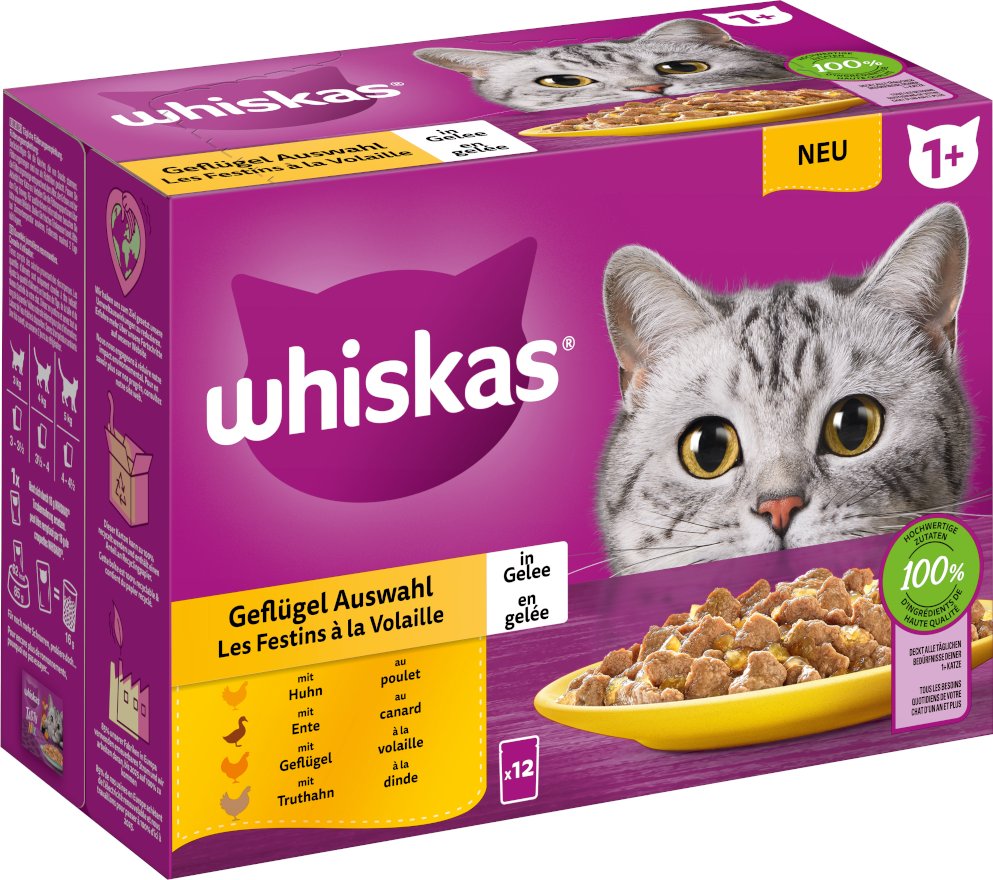 Multipack Whiskas 1+ Adult Frischebeutel 12 x 85 g - Geflügelauswahl in Gelee