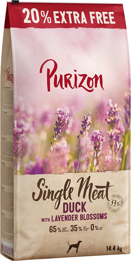 12 kg + 20% gratis! 14,4 kg Purizon Trockenfutter - getreidefrei - Single Meat Ente mit Lavenderblüten