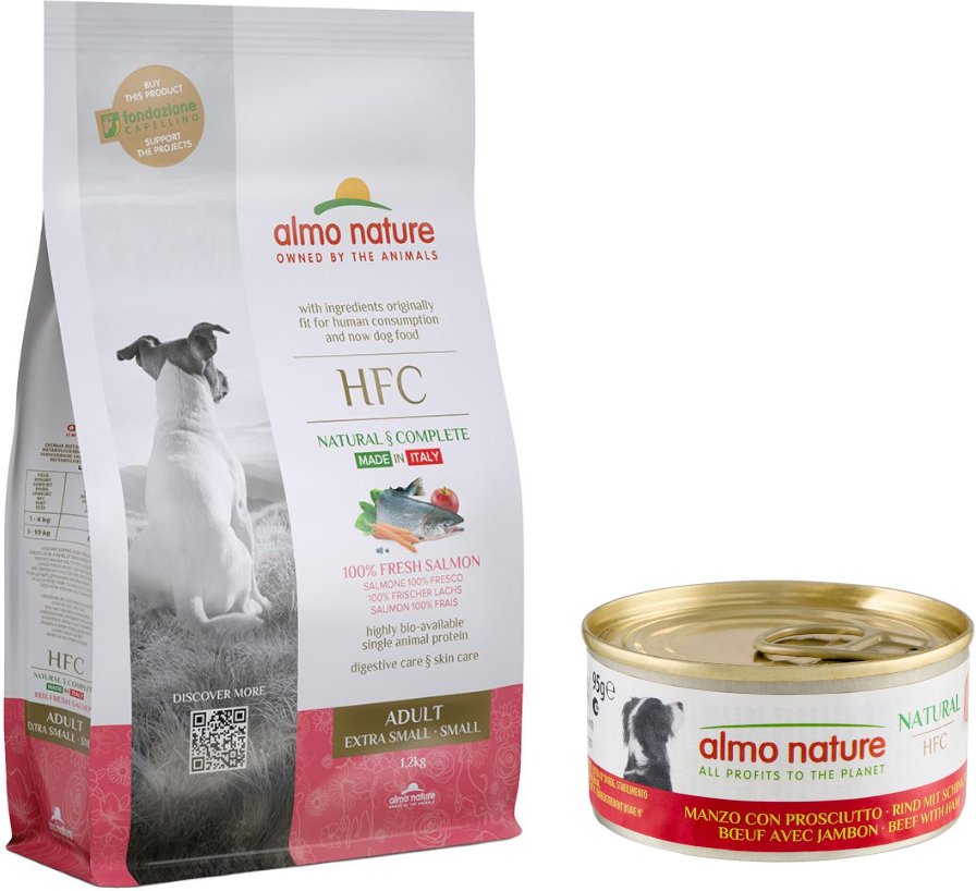 1,2 kg Almo Nature HFC Adult XS-S + 12 x 95 g Nassfutter zum Sonderpreis! - Lachs + Rind mit Schinken