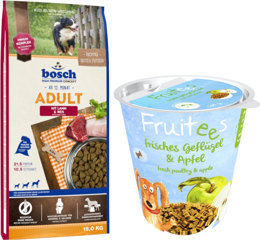 bosch Kombi-Paket: 15 kg HPC Trockenfutter + 3 x 200 g Fruitees (semi-moist) - Adult Lamm & Reis 15 kg + Fruitees Geflüg...