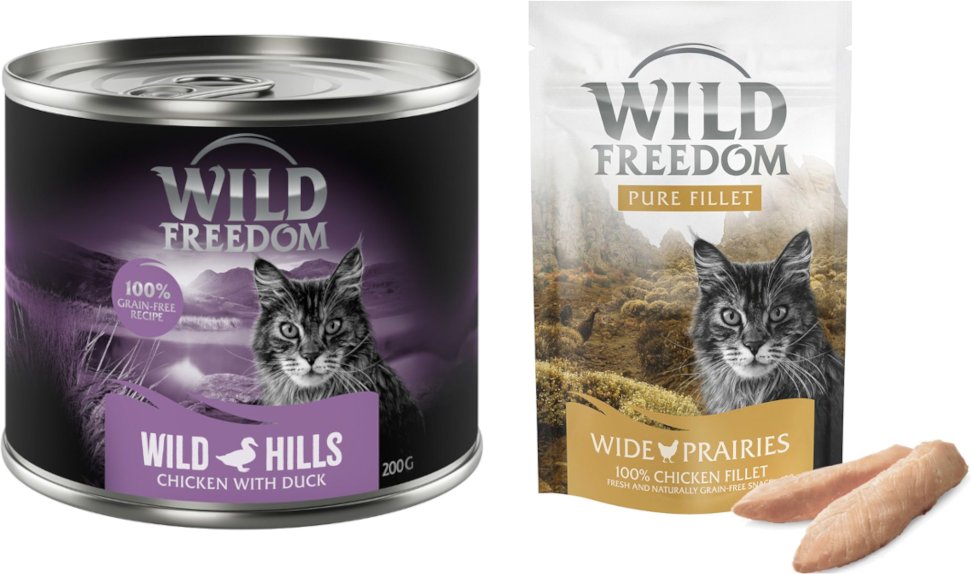 Wild Freedom Kombi-Paket: Adult Nassfutter + Filet Snacks - 24 x 200 g Wild Hills: Ente & Huhn + 3 x 100 g Hühnerfilet