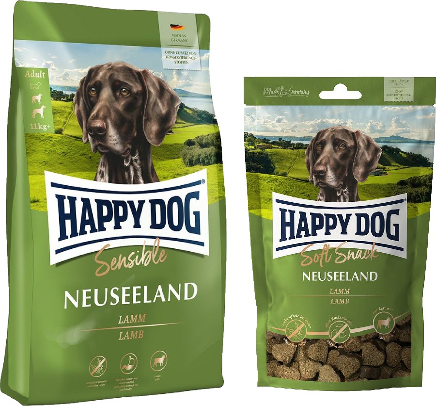 Happy Dog Kombi-Paket: Supreme Sensible 10 / 12,5 kg + 5 x 100 g Soft Snack - Sensible Neuseeland 12,5kg + Neuseeland 5...