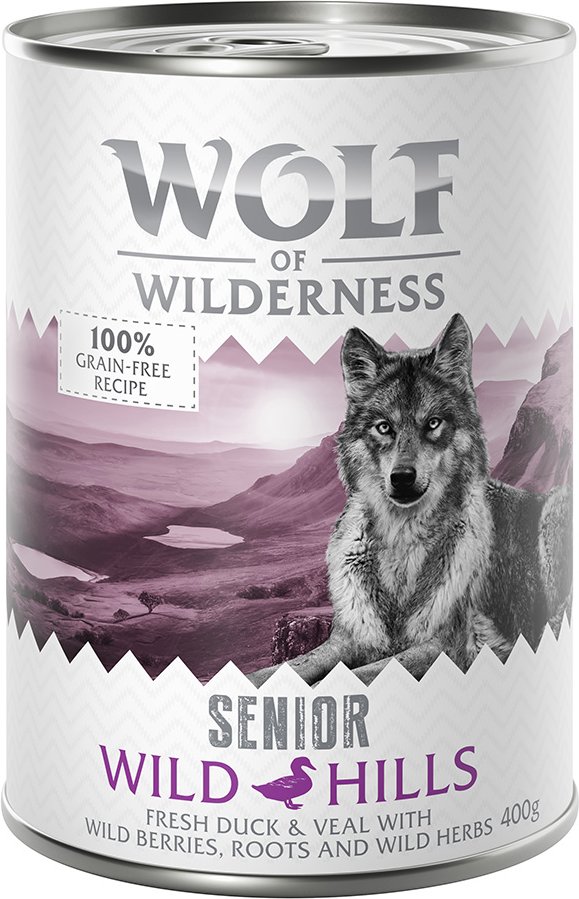Wolf of Wilderness Senior 6 / 24 x 400 g - Duo-Protein Rezeptur - 6 x 400 g: Wild Hills - Ente & Kalb