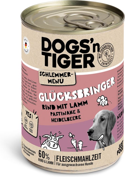 Thumbnail - Dogs'n Tiger Schlemmermenü für Hunde 6 x 400 g - Rind mit Lamm, Pastinake & Heidelbeere