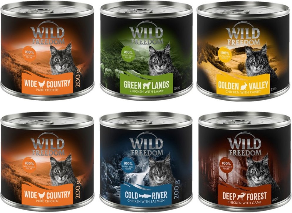 Wild Freedom Adult 6 x 200 g - getreidefreie Rezeptur - Mixpaket 1 (Huhn, Seelachs, Lamm, Kaninchen, Wild)