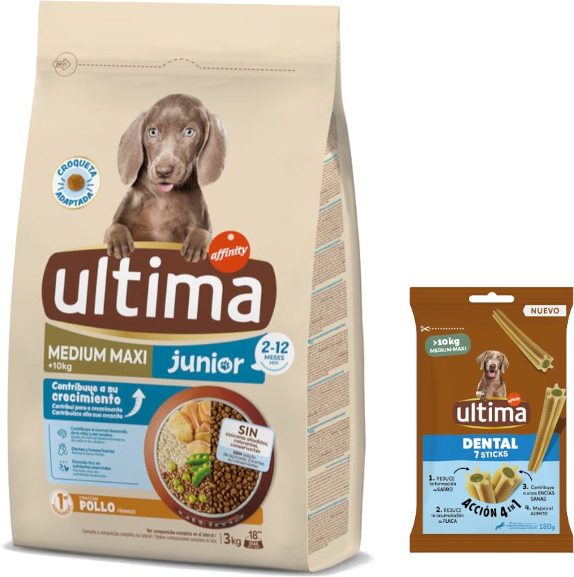 Ultima Trockenfutter + 180 g Dental Sticks Medium / Maxi gratis! - Medium / Maxi Junior Huhn 3 kg