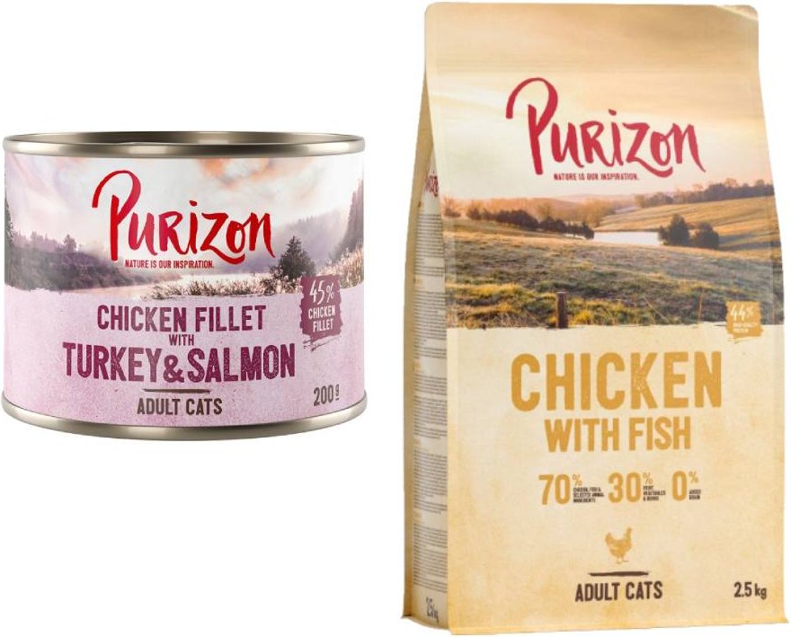 Purizon Kombi-Paket: 24 x 200 g Nassfutter + 2,5 kg Trockenfutter - Hühnerfilet mit Truthahn & Lachs + Original Huhn mit...