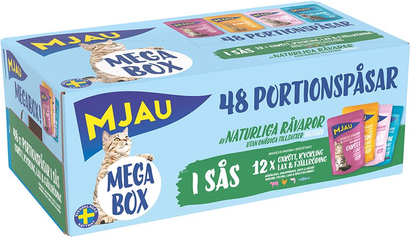 Mjau Multibox 48 x 85 g - Mix in Soße (Rind, Hühnchen, Forelle, Lachs)
