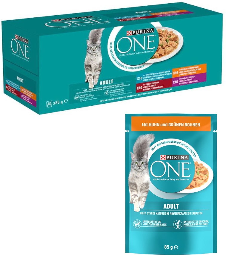 40 x 85 g PURINA ONE Adult + 13 x 85 g passendes Nassfutter gratis! - 40 x 85 g Adult Mix + 13 x 85 g Adult Huhn & grüne...