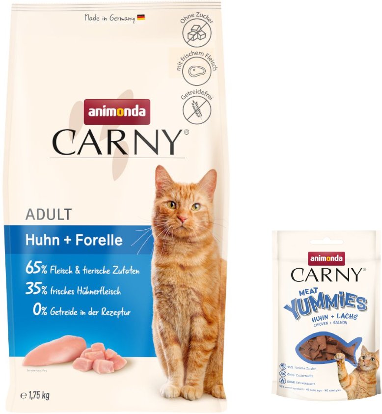 1,75 kg animonda Carny + 50 g Adult Meat Yummies mit Huhn & Lachs gratis! - Adult Huhn + Forelle