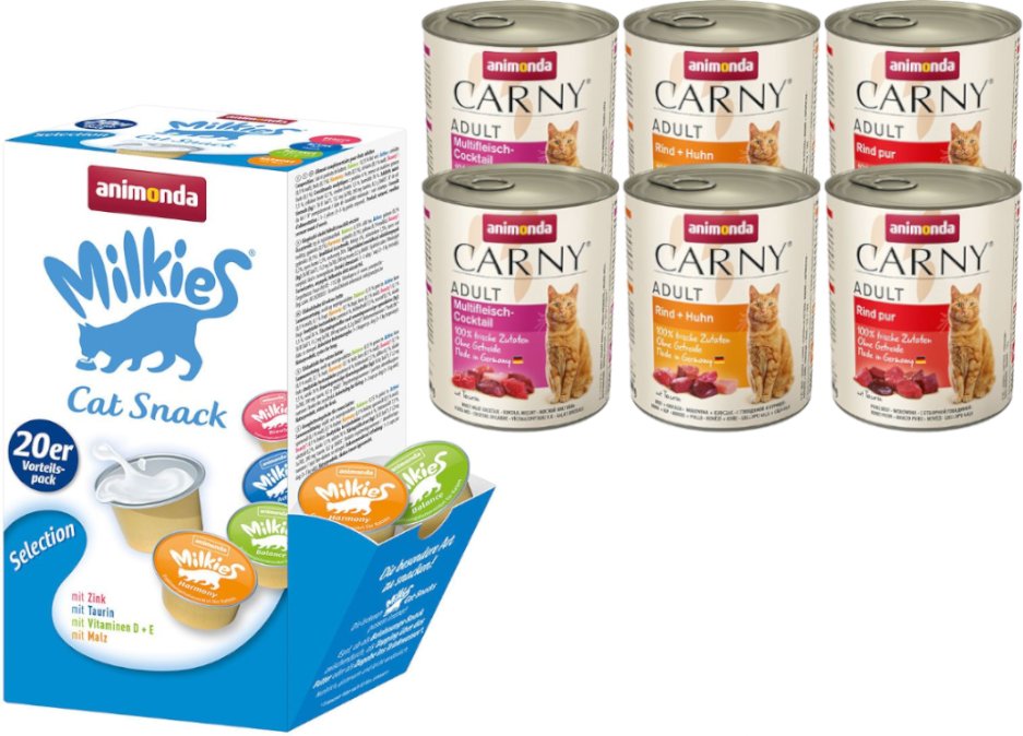 animonda Kombi-Paket: 12 x 800 g Carny Adult + 20 x 15 g Milkies Selection - Mixpaket Rind & Geflügel (3 Sorten) + Milki...