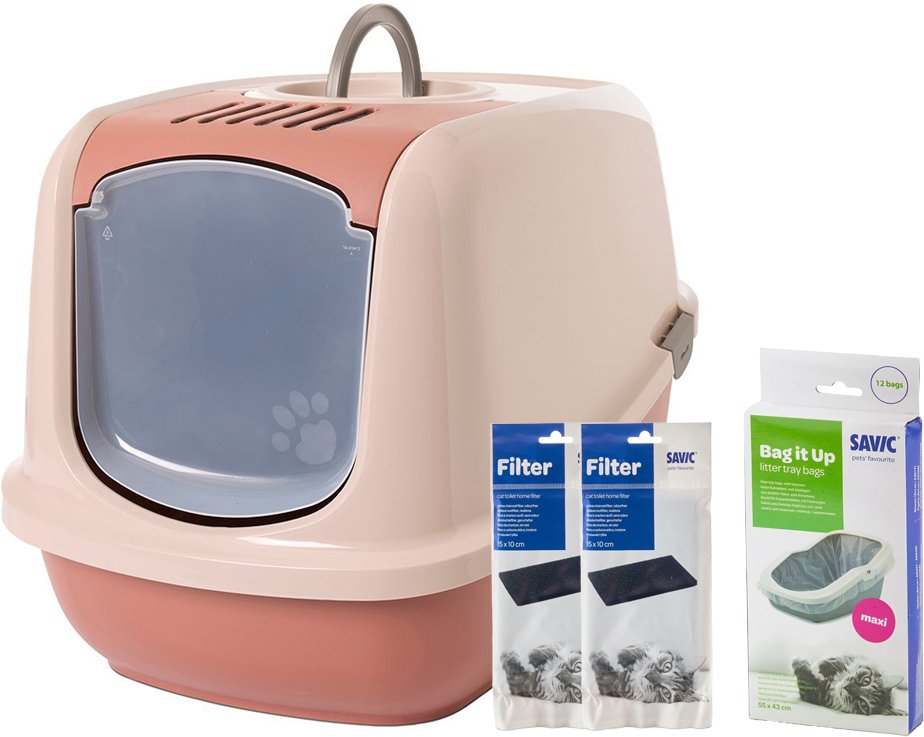 Thumbnail - Savic Katzentoilette Nestor Jumbo - Toilette champagner rosa/ toskana rot + 2 extra Filter + 6 Bag it up