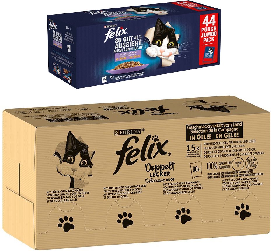 Jumbopack Felix + 44 x 85 g Pouches gratis! - 120 x 85 g "So gut wie es aussieht" Doppelt lecker + 44 x 85 g Huhn, Rind,...