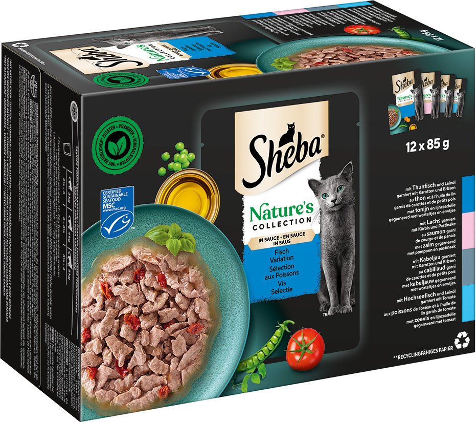 Sparpaket Sheba Nature's Collection in Sauce 48 x 85 g - Fisch Variation (Thunfisch, Lachs, Kabeljau, Hochseefisch)