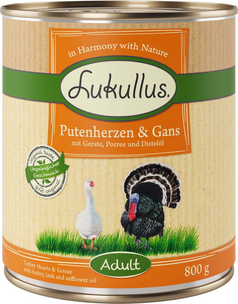 Lukullus Naturkost Adult 6 x 800 g -  Putenherzen & Gans
