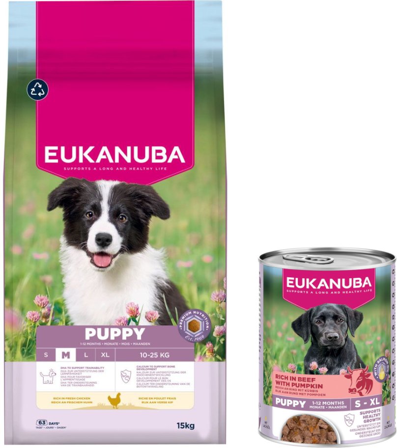 15 kg Eukanuba Premium Nutrition + 3 x 400 g passendes Nassfutter gratis! - Puppy Medium Breed Huhn + Reich an Rind mit ...