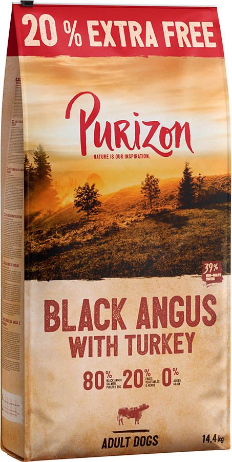 12 kg + 20% gratis! 14,4 kg Purizon Trockenfutter - getreidefrei .- Black-Angus Rind mit Truthahn