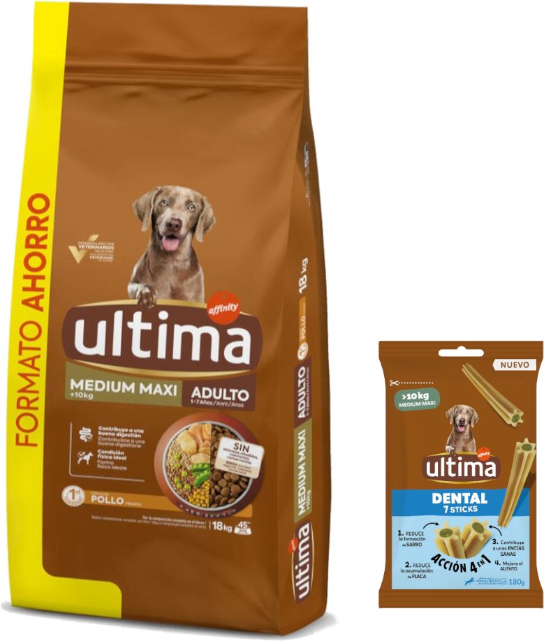 Ultima Hundefutter + 180 g Dental Sticks Medium / Maxi gratis! - Medium / Maxi Adult Huhn & Reis 18 kg