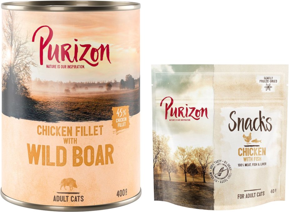 Purizon Kombi-Paket: Adult Nassfutter + Snack - 24 x 400 g Hühnerfilet mit Wildschwein + 3 x 40 g Huhn mit Fisch