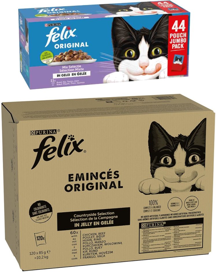 Jumbopack Felix + 44 x 85 g Pouches gratis! - 120 x 85 g Classic Rind und Huhn + 44 x 85 g Original Lachs, Thunfisch, Ri...
