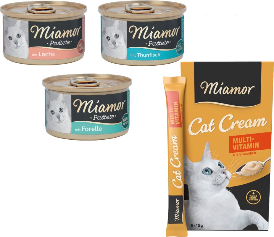 Thumbnail - Miamor Kombi-Paket: 12 x 85 g Pastete + 12 x 15 g Multi-Vitamin Cream Snacks - Pastete mit Fisch (3 Sorten) + Snack Mult...