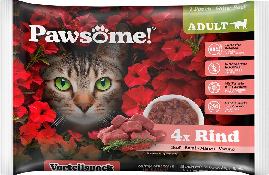 Pawsome Adult Cat 4 x 85 g - Rind
