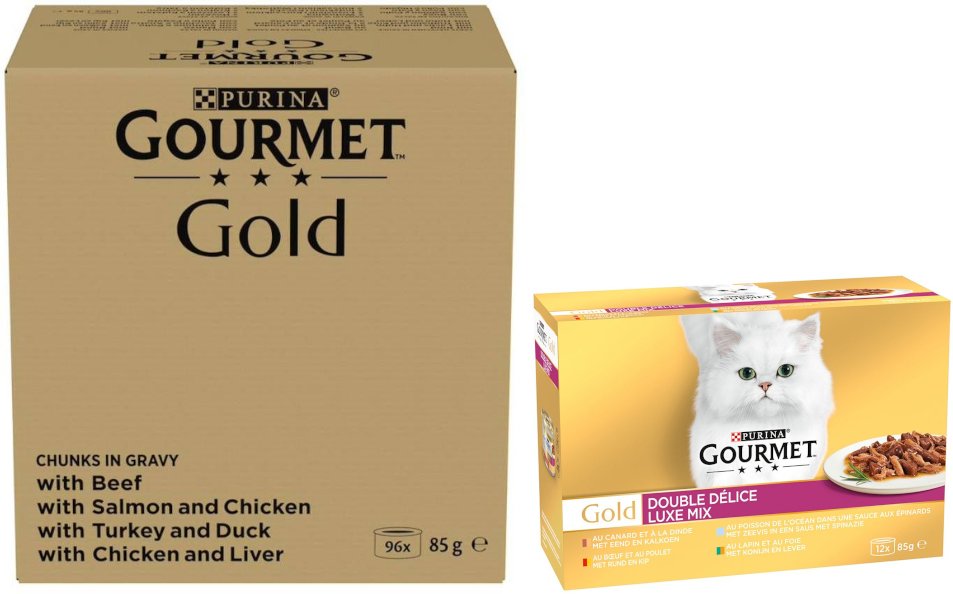 96 x 85 g Jumbopack Gourmet + 24 x 85 g passendes Nassfutter gratis! - 96 x 85 g Gold Zarte Häppchen: Rind, Huhn & Leber...