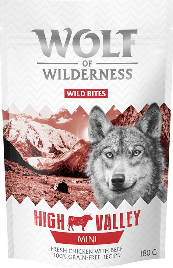 Sparpaket 3 x 180 g: Wolf of Wilderness Snack - Wild Bites - MINI High Valley - Rind & Huhn (kleine Würfel)