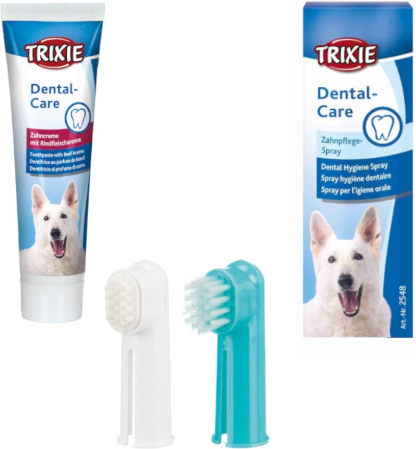 Trixie Zahncreme Rindfleischaroma - Set: Zahncreme Rindfleischaroma, Zahnpflege-Fingerlinge, Zahnpflegespray