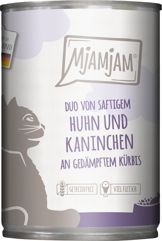 MjAMjAM Duo 6 x 400 g - saftiges Huhn & Kaninchen an gedämpftem Kürbis