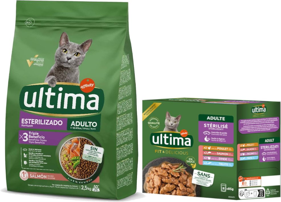 2,5 kg Ultima Trockenfutter + passendes Nassfutter gratis! - Sterilized Adult Lachs + 8 x 85 g Sterilized Mix I