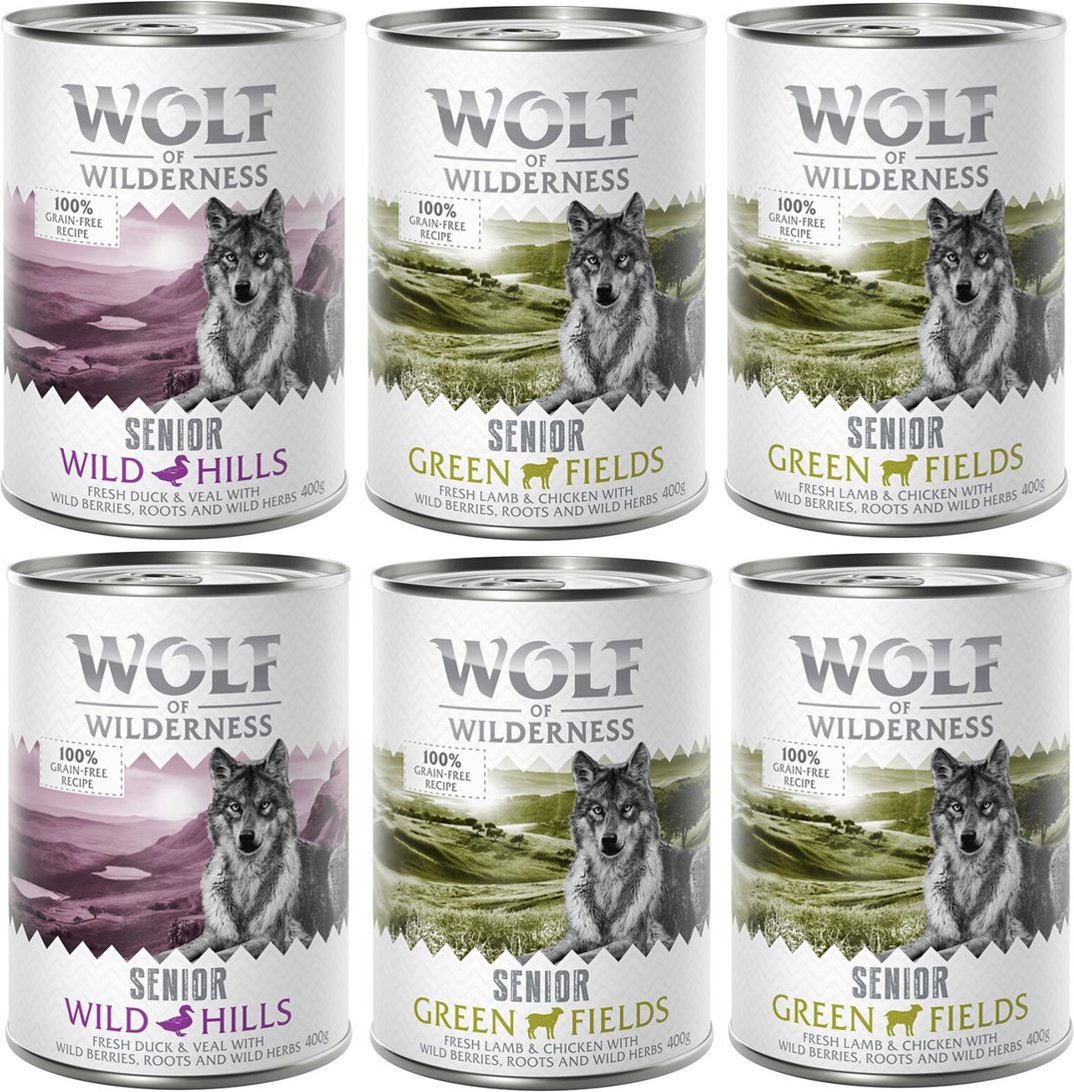 Wolf of Wilderness Senior - Mixpaket  - 6 x 400 g 4x Lamm & Huhn, 2x Ente & Kalb