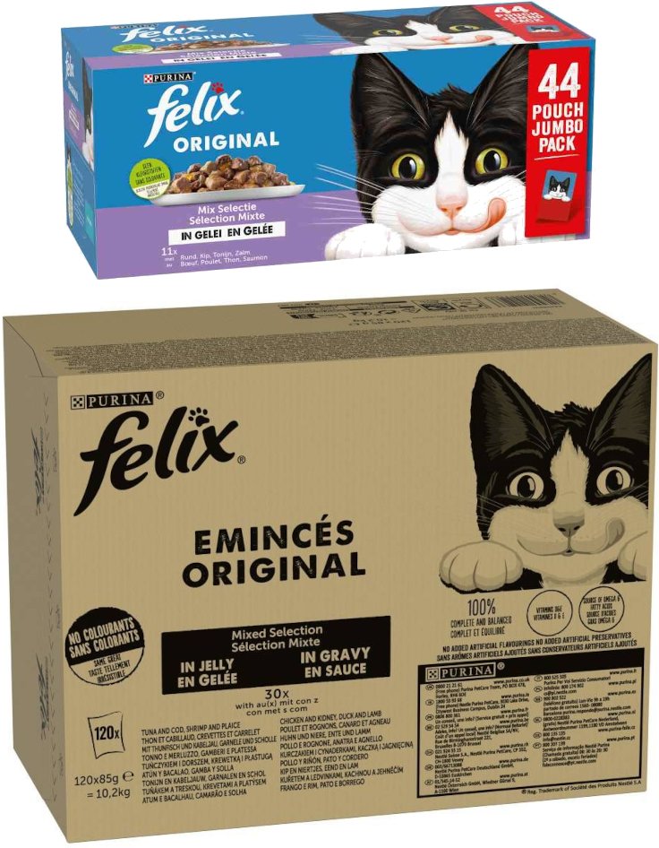 Jumbopack Felix + 44 x 85 g Pouches gratis! - 120 x 85 g Classic Fleisch- & Fisch-Mix + 44 x 85 g Original Lachs, Thunfi...
