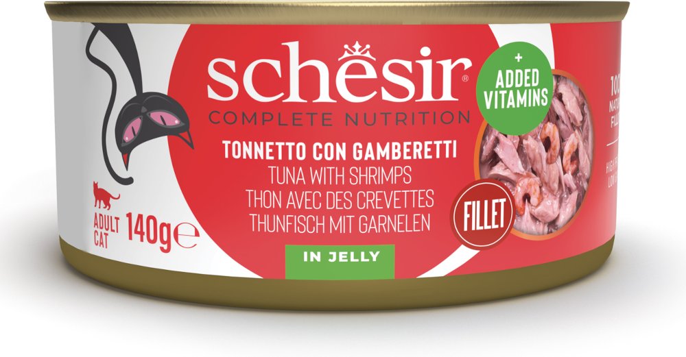 Schesir Complete Nutrition Filet in Gelee 6 x 140 g in Dosen - Thunfisch mit Garnelen