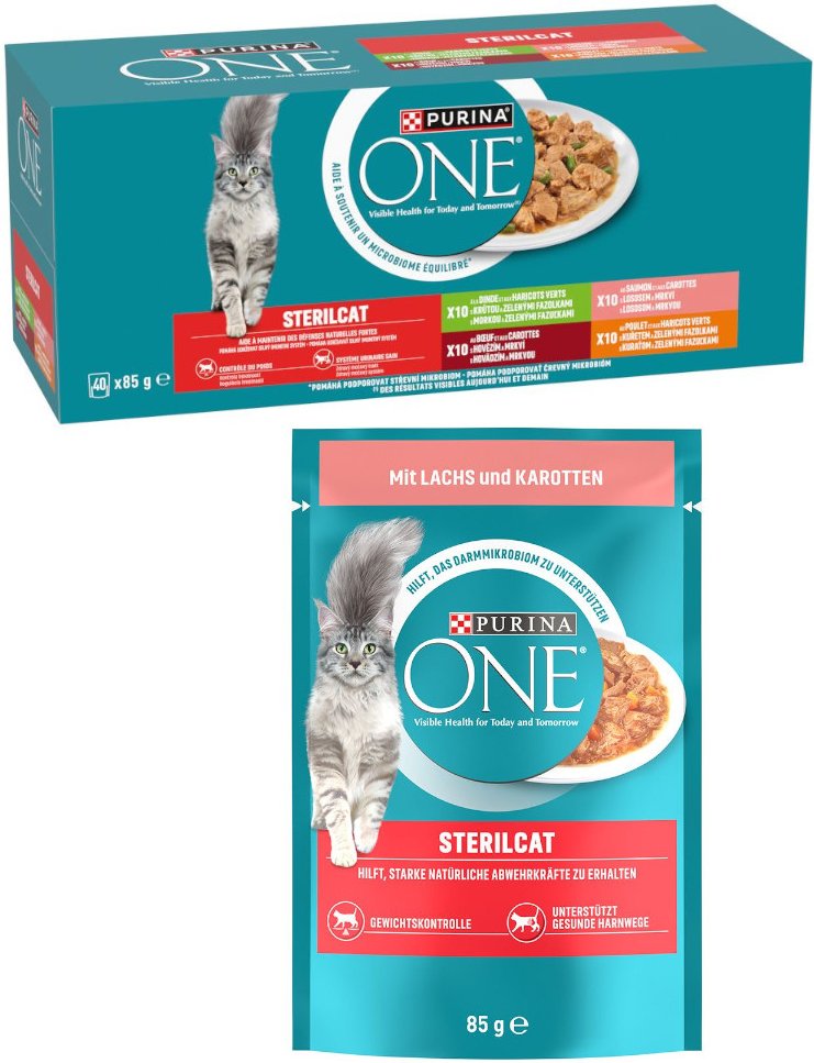 40 x 85 g PURINA ONE Adult + 13 x 85 g passendes Nassfutter gratis! - 40 x 85 g Sterilcat Mix + 13 x 85 g Sterilcat Lach...