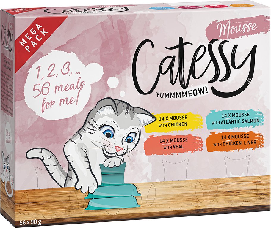 Sparpaket Catessy Mousse Schälchen 56 x 90 g - Mega Mix mit 4 Sorten (Huhn, Seelachs, Kalb, Hühnerleber)